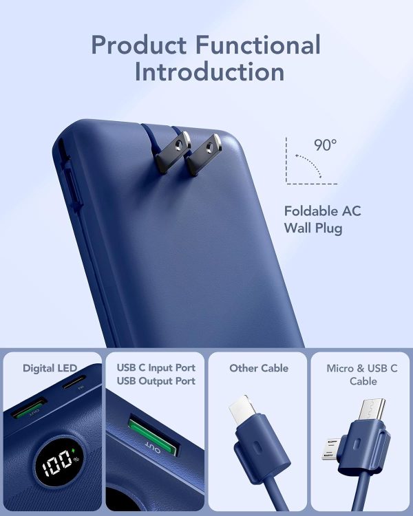 VRURC Portable Charger 20000mAh, Fast Charging Power Bank USB C,4 Output 2 Input Travel Essentials Charging Bank Equipped with LED Display,Built-in Wall Plug and Cables,Phone Charger Battery,Navy - Image 2